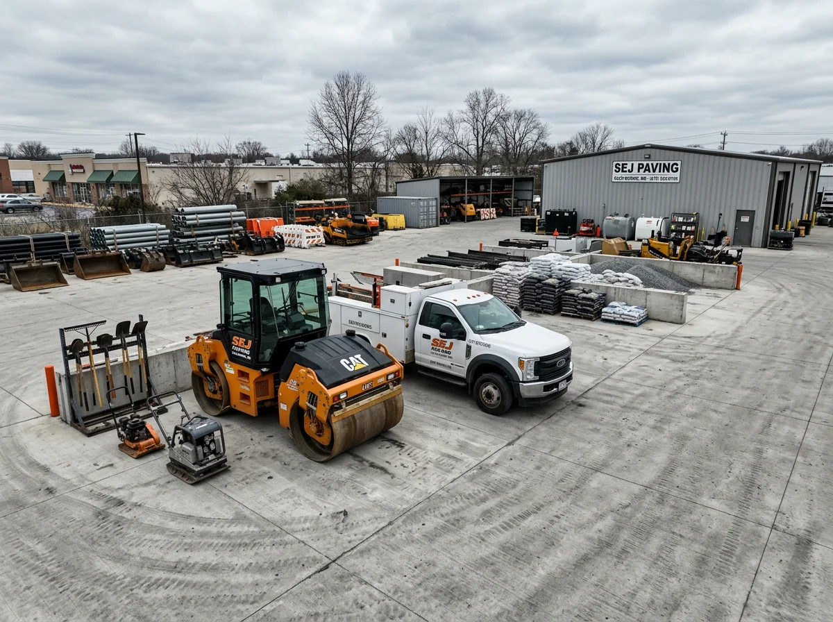 Paving crew and equipment ready for asphalt and concrete work on a residential or commercial site.