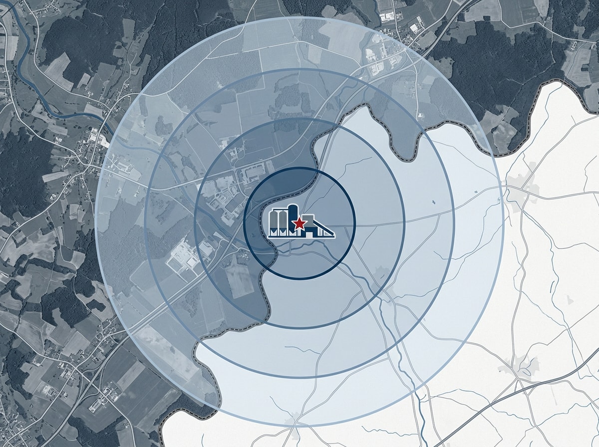 Map showing a typical concrete batching plant service radius around Baltimore County, MD