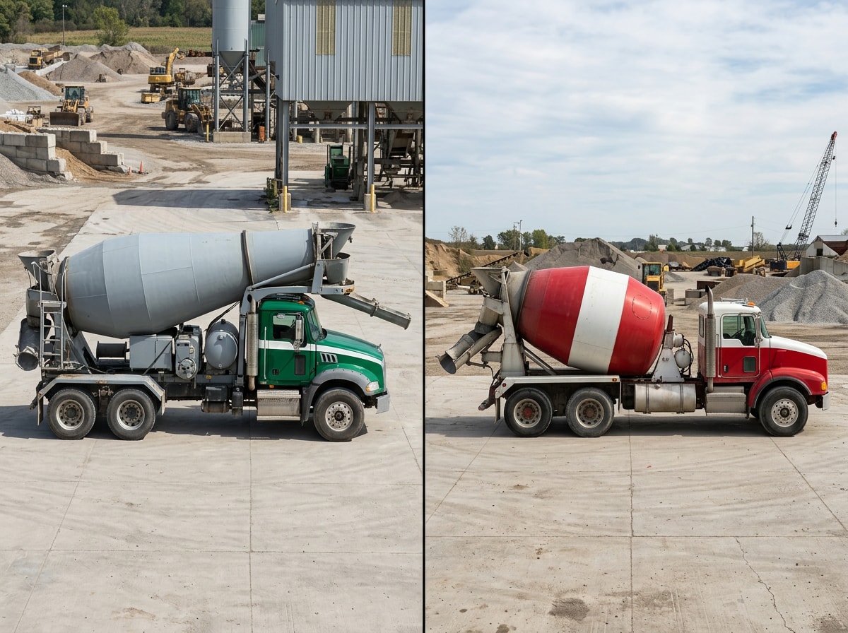 Side-by-side comparison of a front-discharge concrete mixer truck and a rear-discharge concrete mixer truck