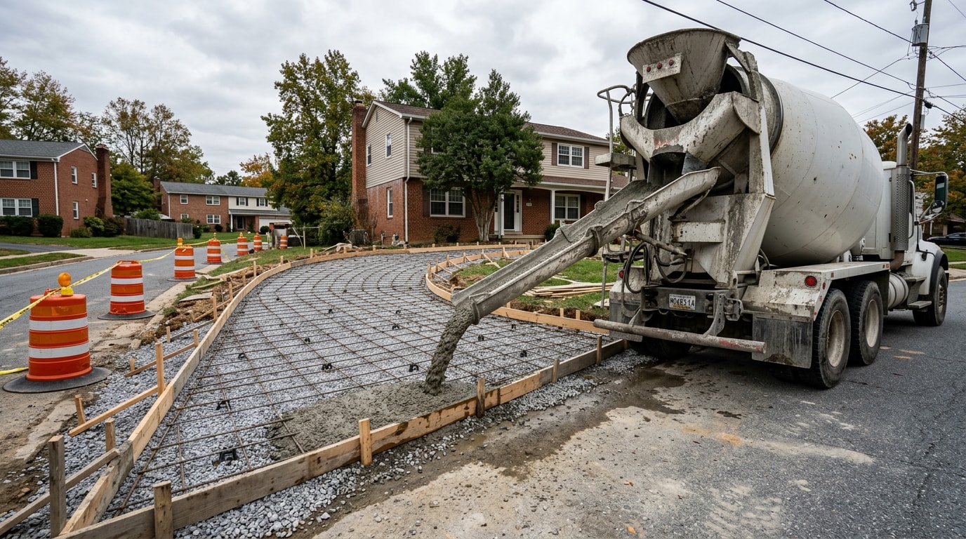 Concrete ready-mix truck delivering concrete at a Baltimore County job site