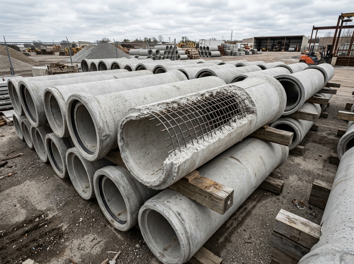Stacked reinforced concrete culvert pipe sections ready for installation