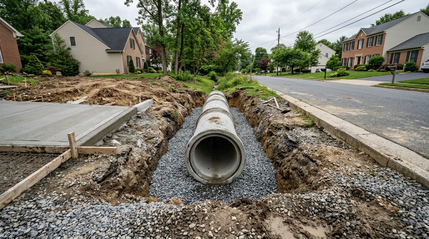 Reinforced concrete culvert pipe installed under a residential driveway in Pasadena, MD