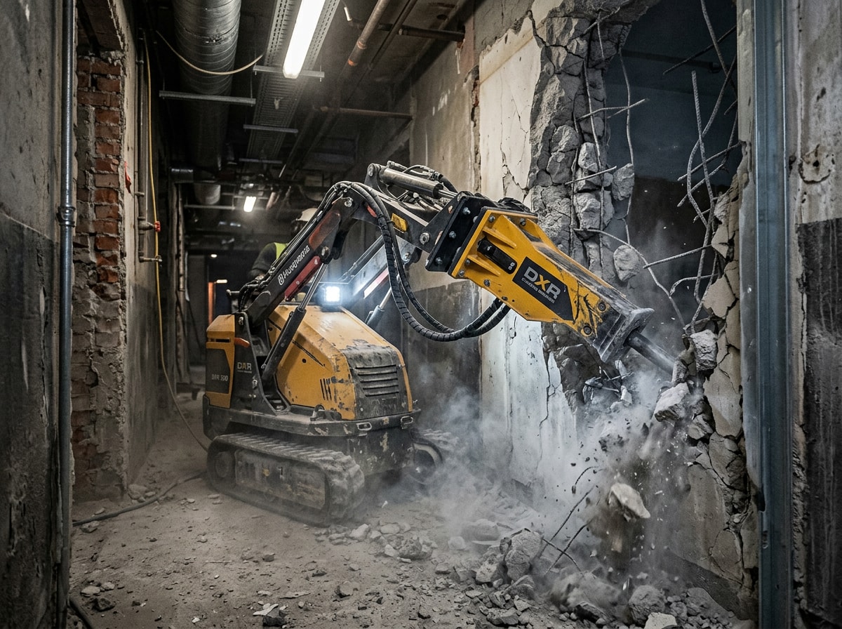 Remote-controlled robotic demolition equipment breaking reinforced concrete in a tight-access space