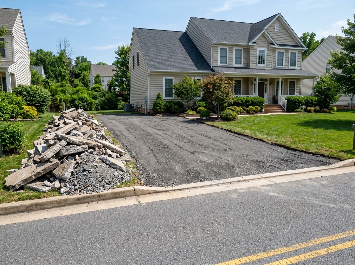 Completed concrete slab removal and driveway demolition project in Glen Burnie, MD