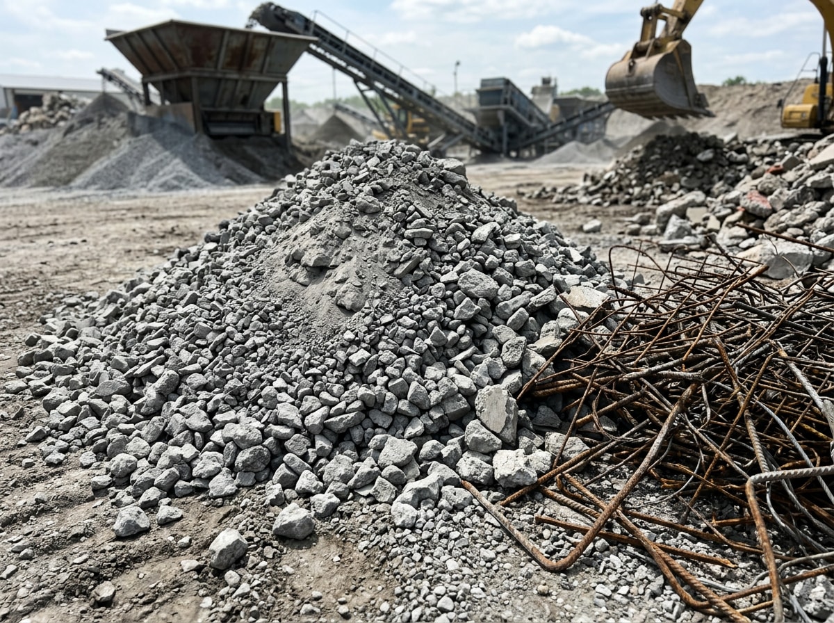 Crushed concrete debris sorted for recycling into aggregate material