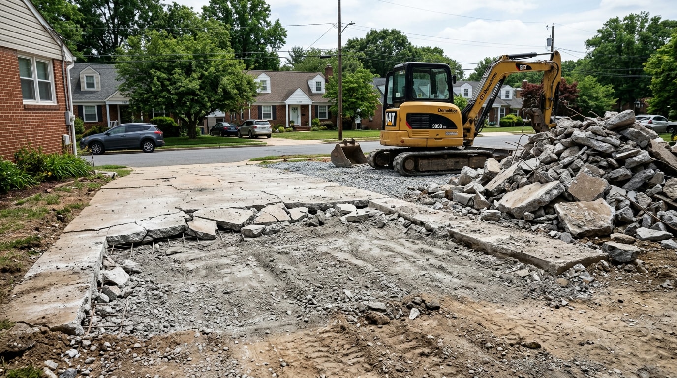 Demolished concrete driveway slab ready for removal in Glen Burnie, MD