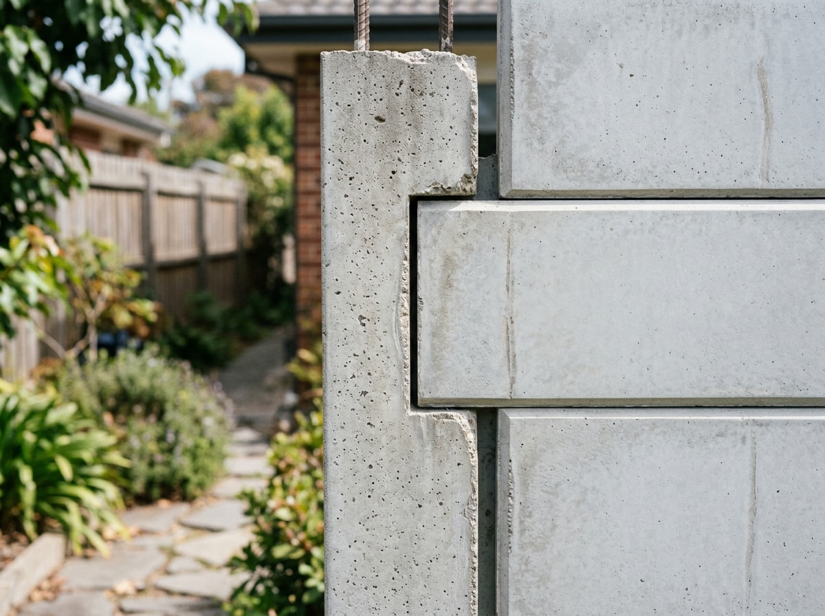 Precast concrete fence panels installed between reinforced columns on a residential property