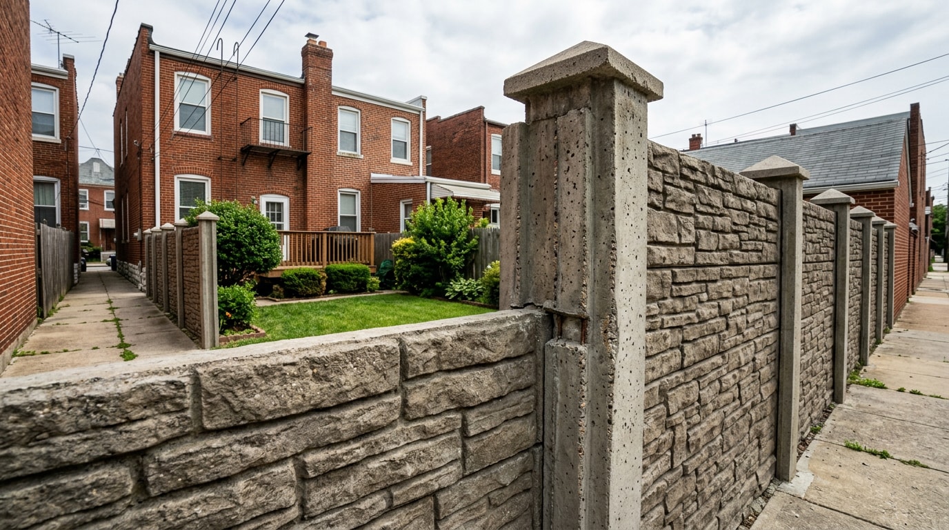 Finished precast concrete fence with stone-texture panels along a Baltimore City residential property line