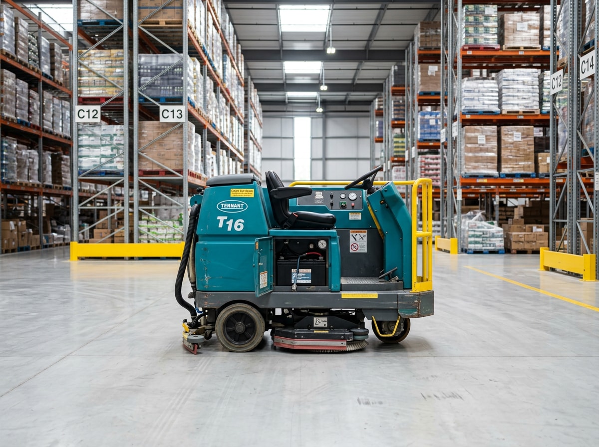 ride-on concrete floor scrubber parked in a clean warehouse aisle