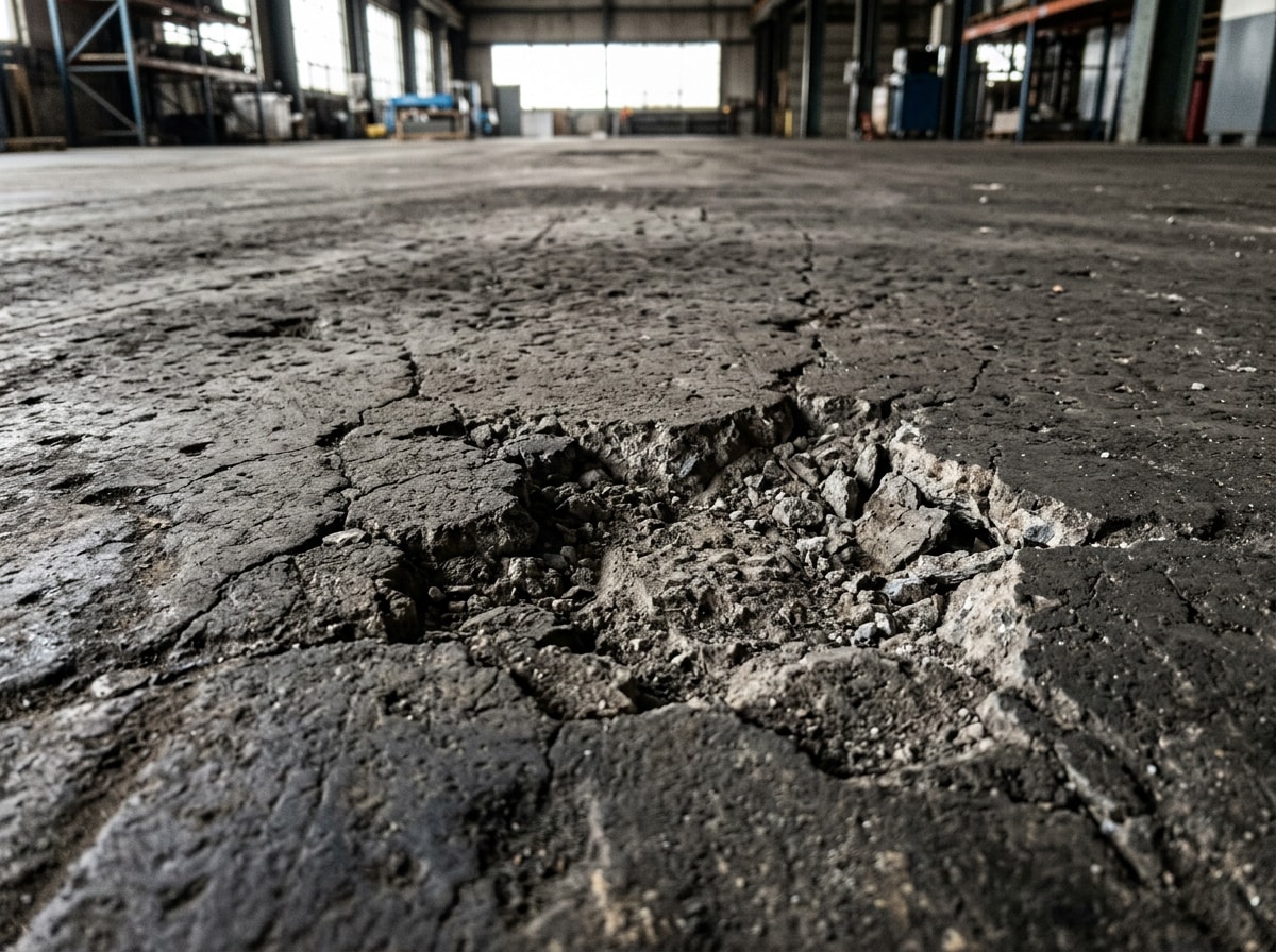 close-up of a cracked and pitted concrete warehouse floor section