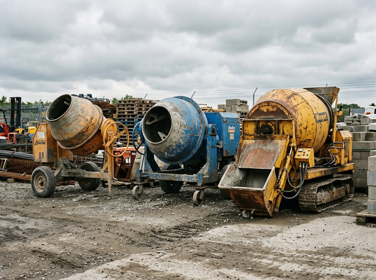 Side-by-side comparison of tilting, non-tilting, and reversing drum concrete mixers