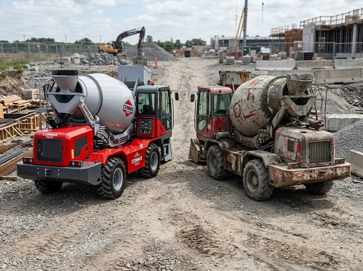 Side-by-side comparison of a new concrete mixer and a used concrete mixer on a job site