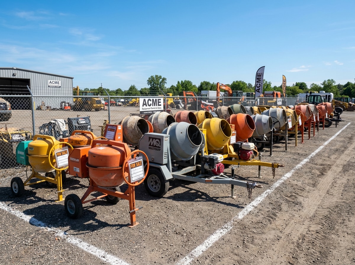 Lineup of concrete mixers for sale at a Baltimore County equipment dealer lot