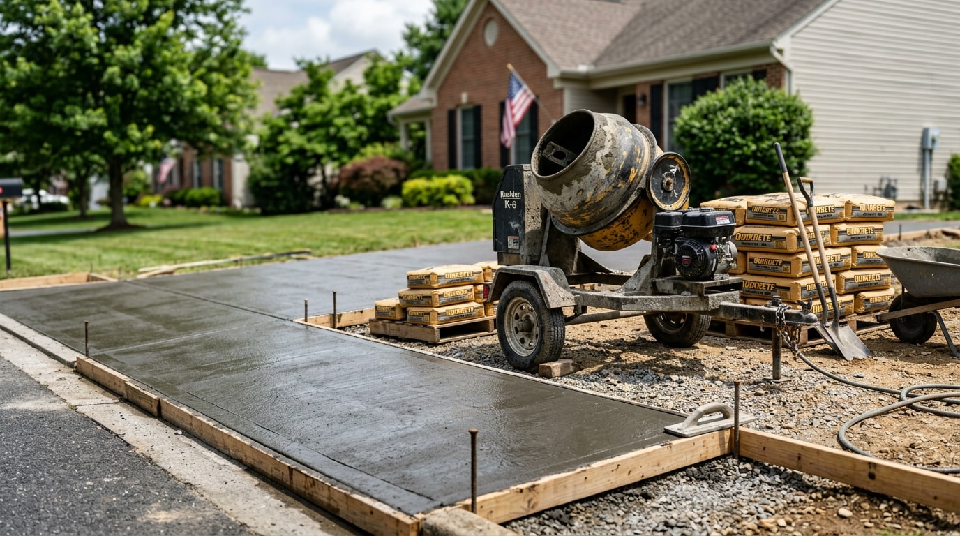 Concrete mixer and freshly poured driveway slab on a Baltimore County, MD job site Concrete mixer and freshly poured driveway slab on a Baltimore County, MD job site