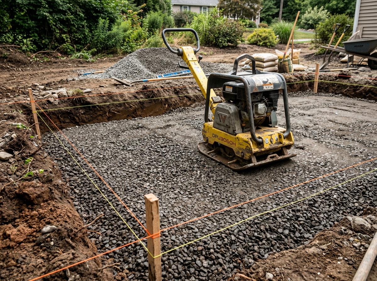 Crew compacting a gravel base before concrete paver installation in Pasadena, MD