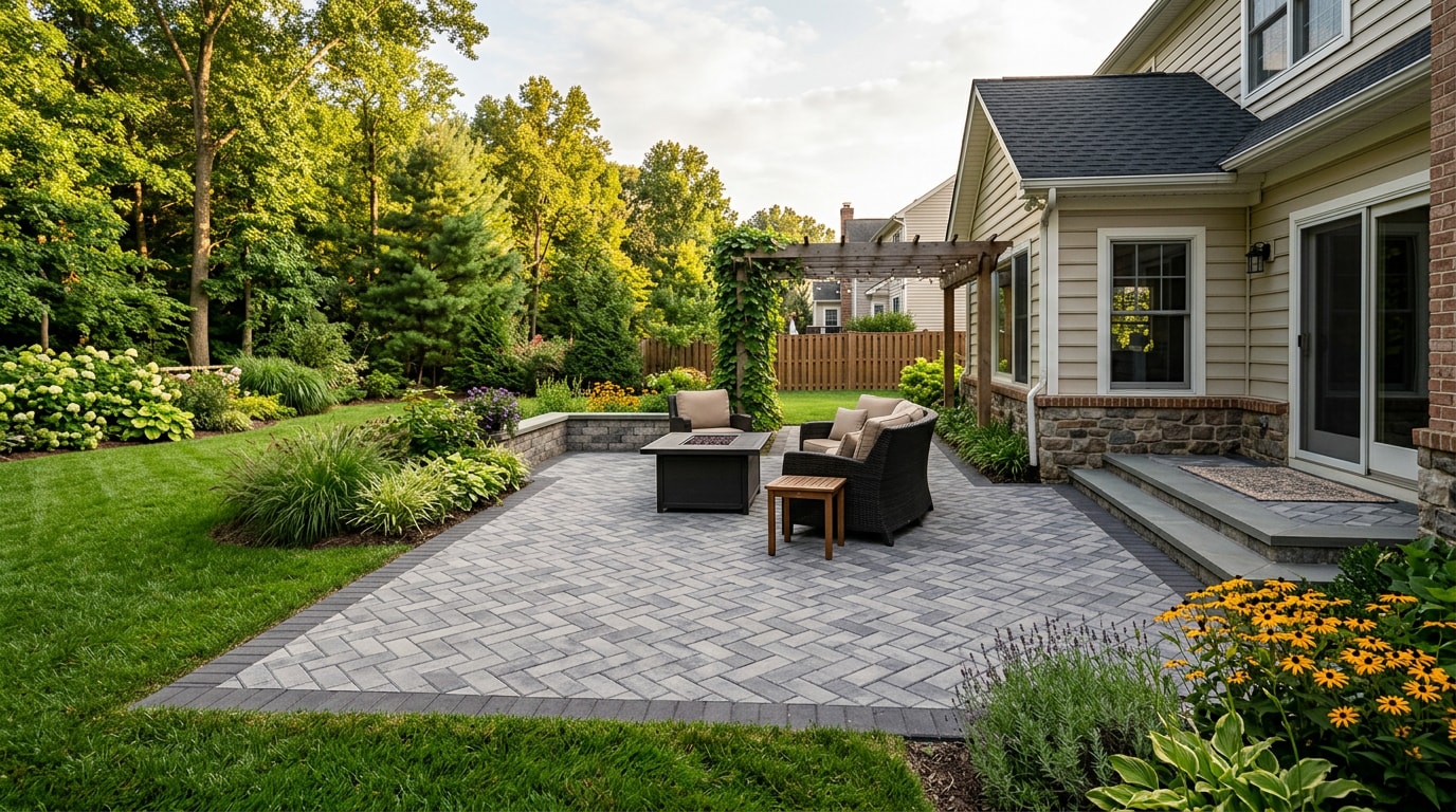 Finished concrete paver patio installed in a Pasadena, MD backyard Finished concrete paver patio installed in a Pasadena, MD backyard