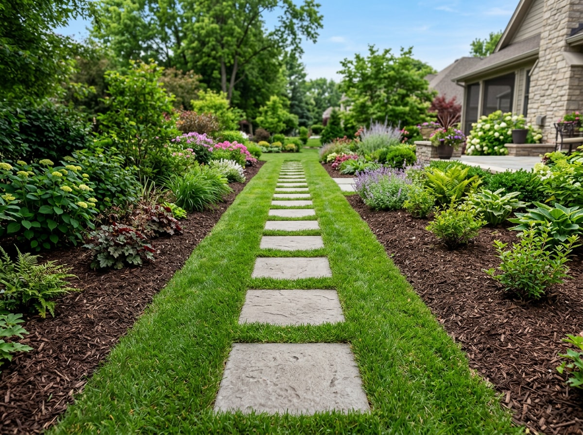 Finished concrete stepping stone path through a landscaped backyard lawn