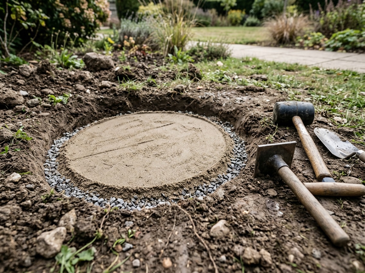 Prepared gravel and sand base ready for a stepping stone to be set
