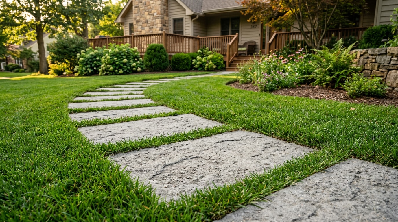 Finished concrete stepping stone pathway curving through a backyard lawn