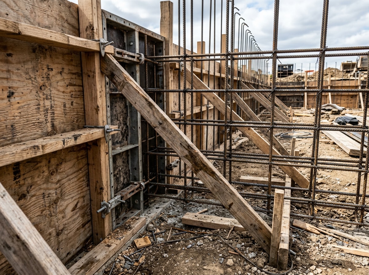 Concrete wall forms and rebar reinforcement set up before a pour on a Towson, MD job site