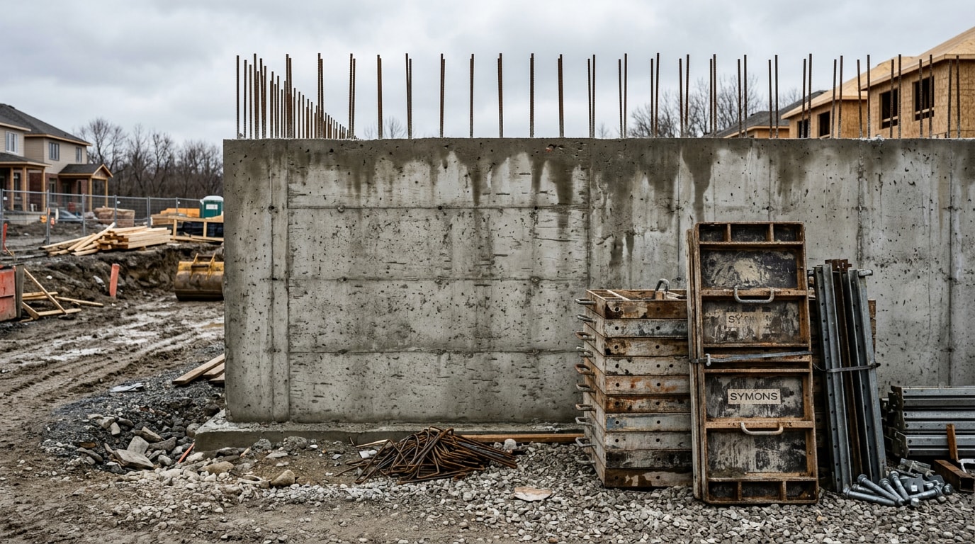 Finished concrete foundation wall with formwork panels stacked beside it on a Towson, MD job site Finished concrete foundation wall with formwork panels stacked beside it on a Towson, MD job site