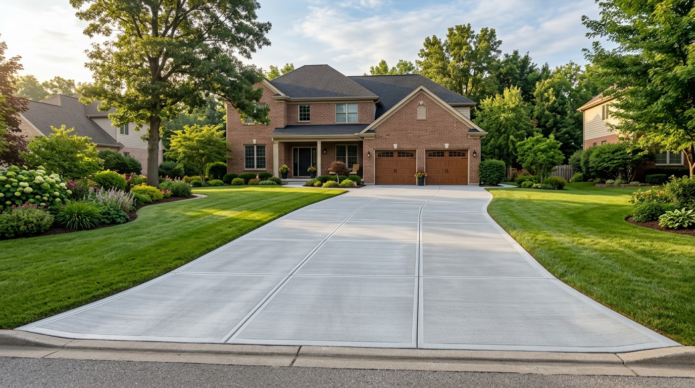 Freshly finished concrete driveway at a suburban home in Glen Burnie, MD