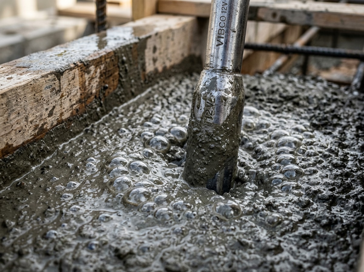 Close-up of a cordless concrete vibrator poker inserted into a wet concrete slab