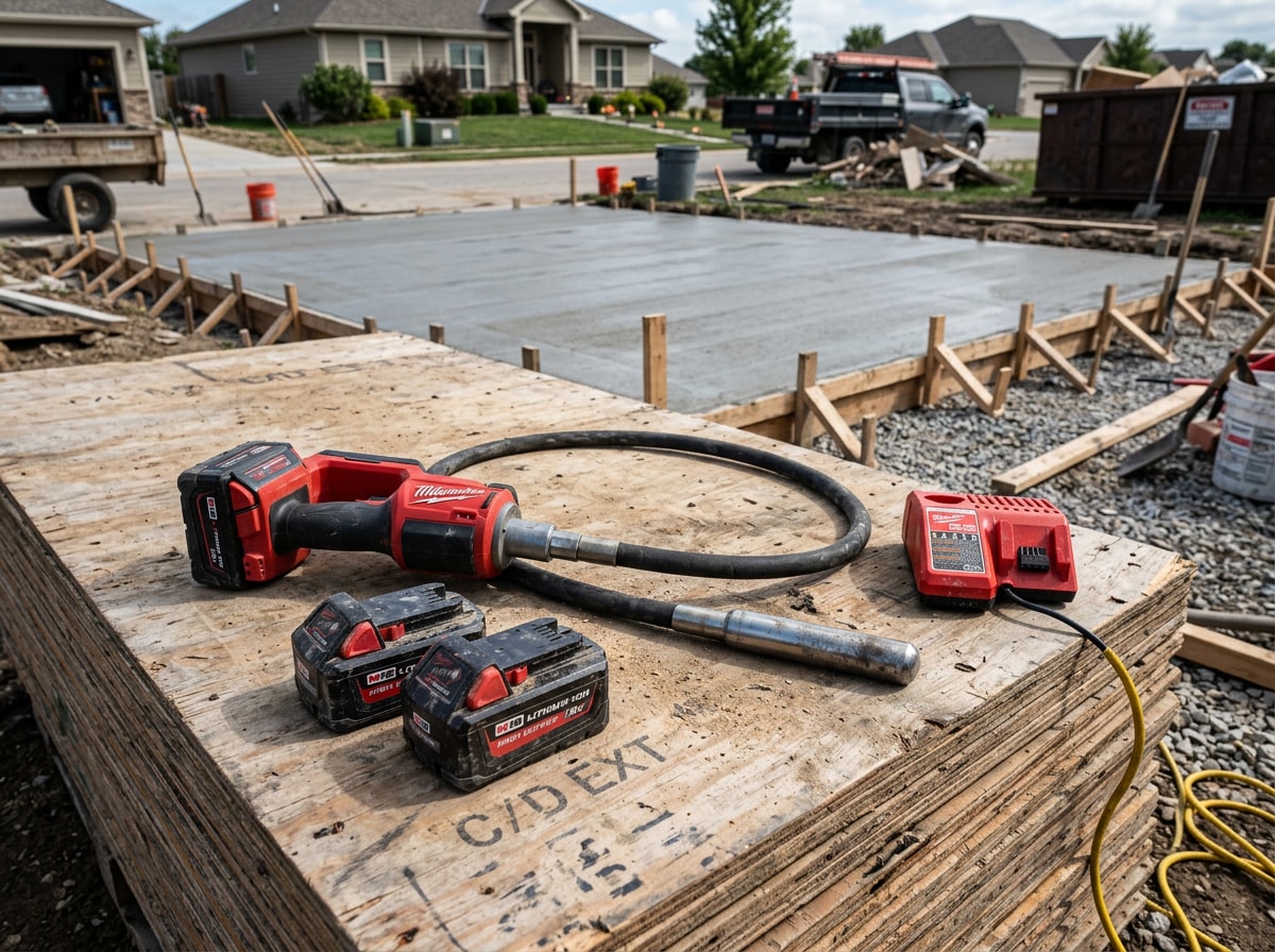 Cordless concrete vibrator and spare battery packs staged next to a residential driveway pour
