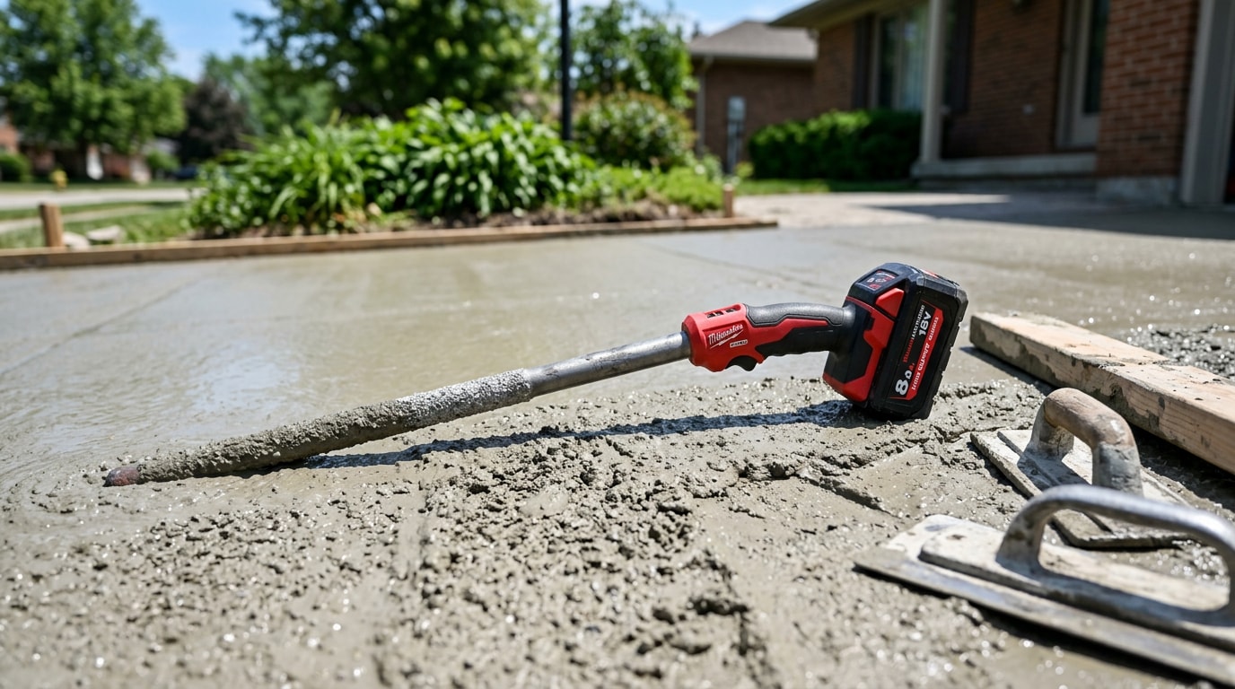 Cordless concrete vibrator resting on a freshly poured residential driveway slab Cordless concrete vibrator resting on a freshly poured residential driveway slab