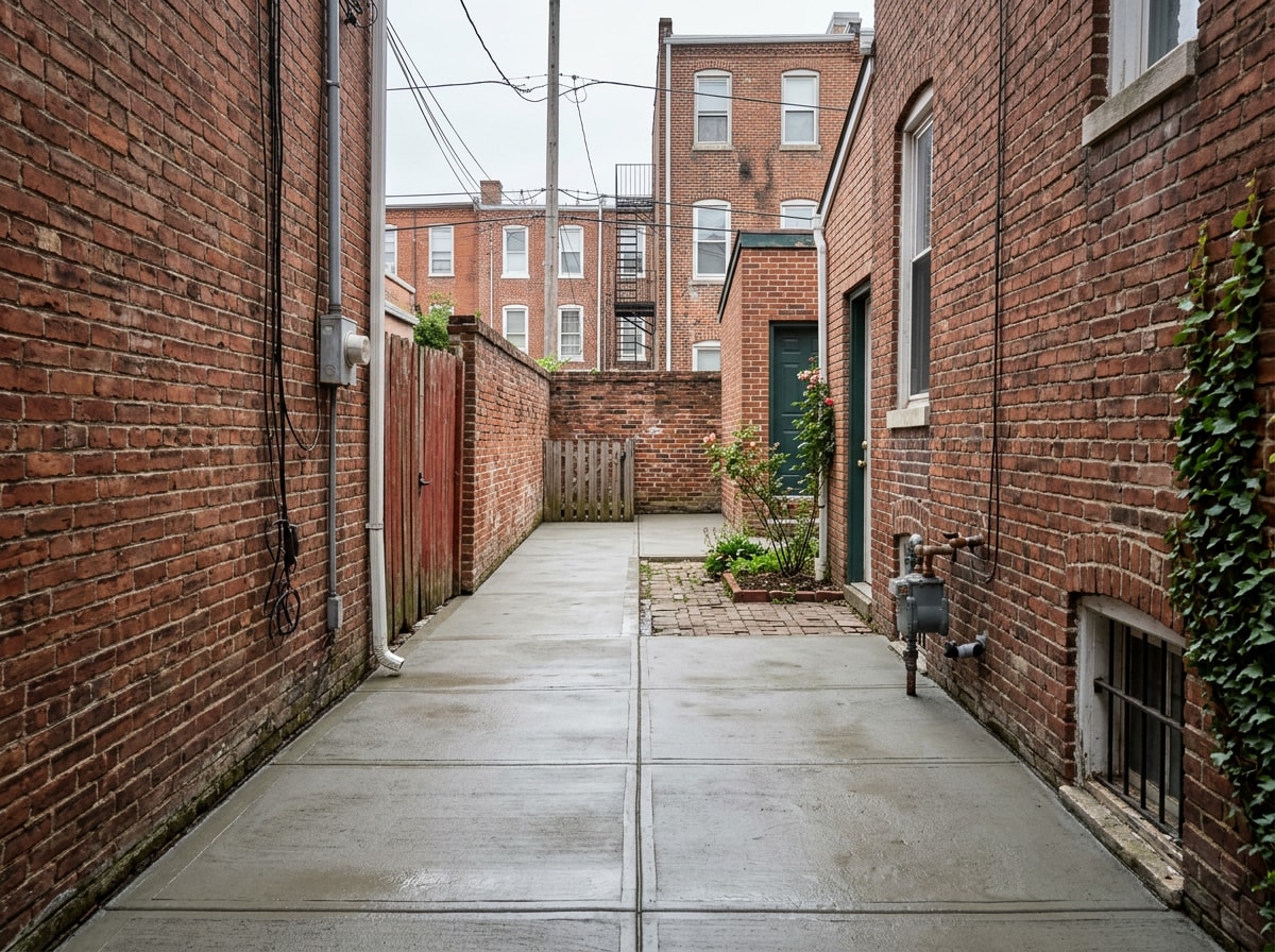 Finished concrete slab in a Baltimore City rowhouse backyard with narrow alley access