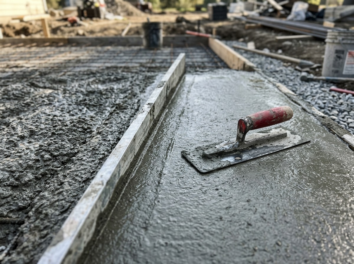 Concrete crew finishing a freshly poured slab with trowel and screed tools