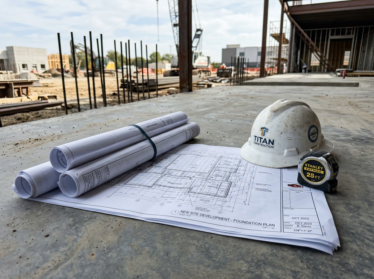 Licensed concrete contractor crew reviewing site plans before pouring a slab