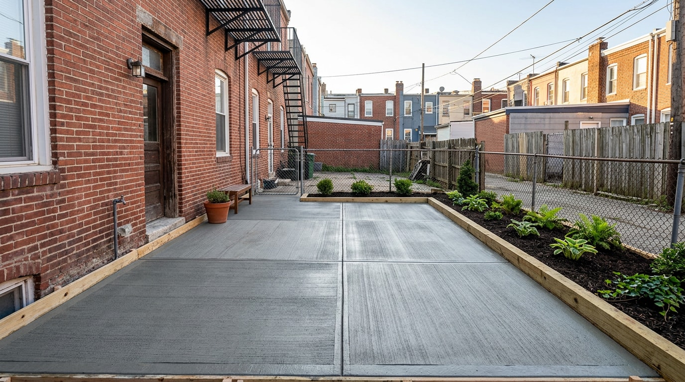 Freshly poured concrete slab in a Baltimore City backyard
