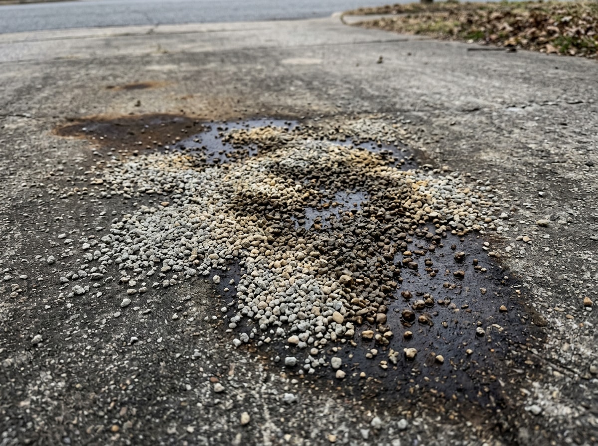 Clay-based absorbent material spread over a fresh motor oil stain on a concrete driveway
