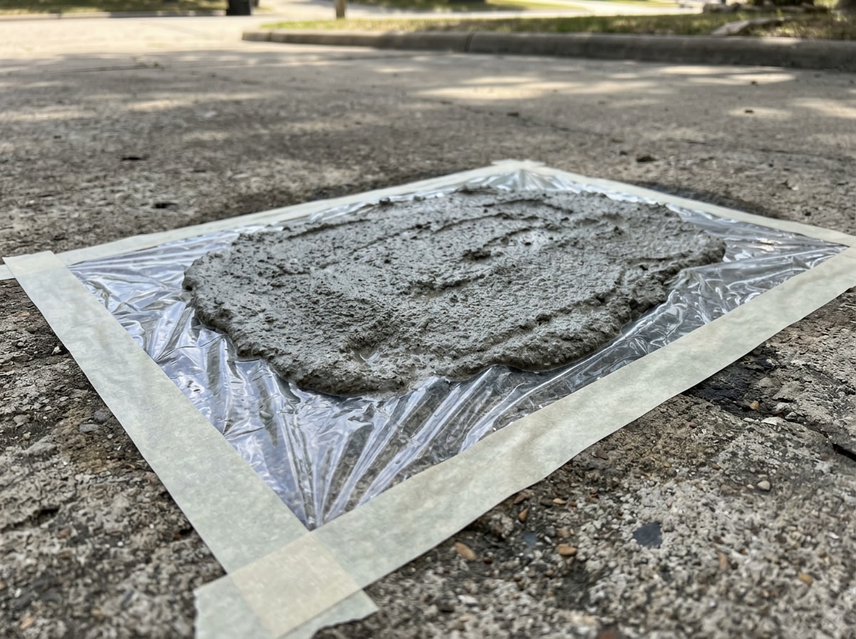 Poultice paste applied to an old oil stain and covered with plastic sheeting for drying