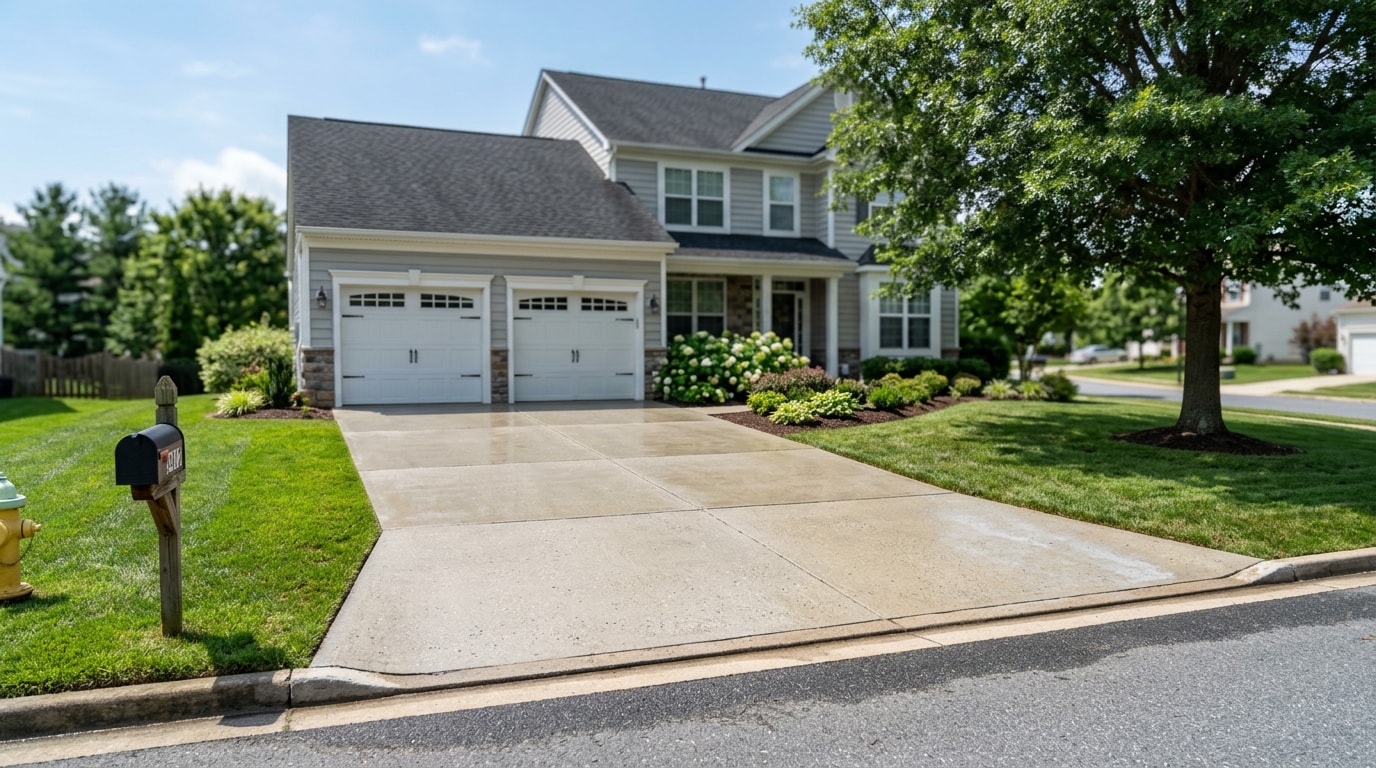 Clean, sealed concrete driveway free of oil stains in a Severn, MD neighborhood Clean, sealed concrete driveway free of oil stains in a Severn, MD neighborhood