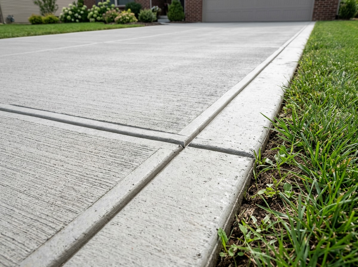 Close-up of a properly installed concrete driveway slab with visible control joints