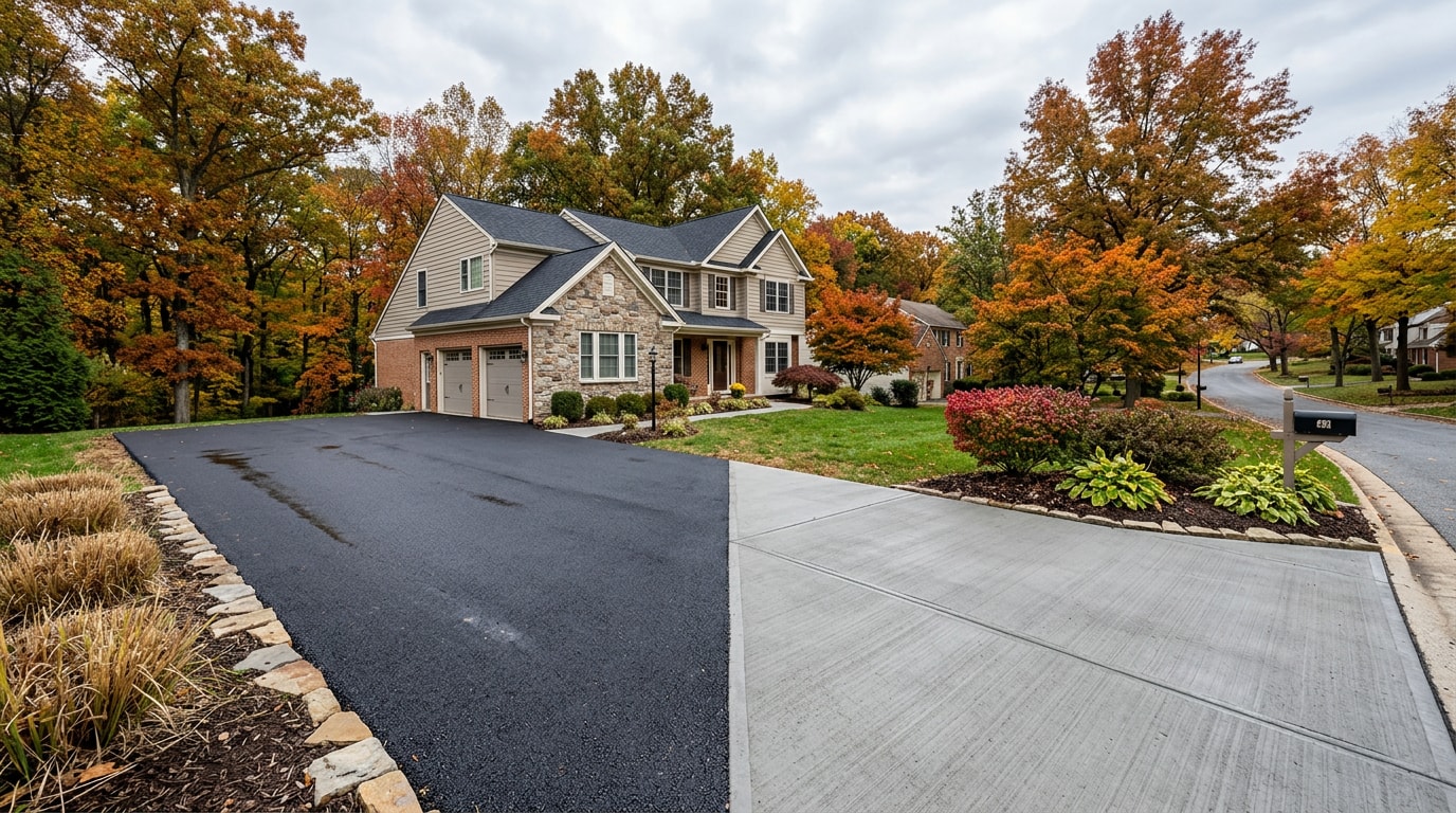 Side-by-side asphalt and concrete driveway comparison outside a Towson, MD home Side-by-side asphalt and concrete driveway comparison outside a Towson, MD home