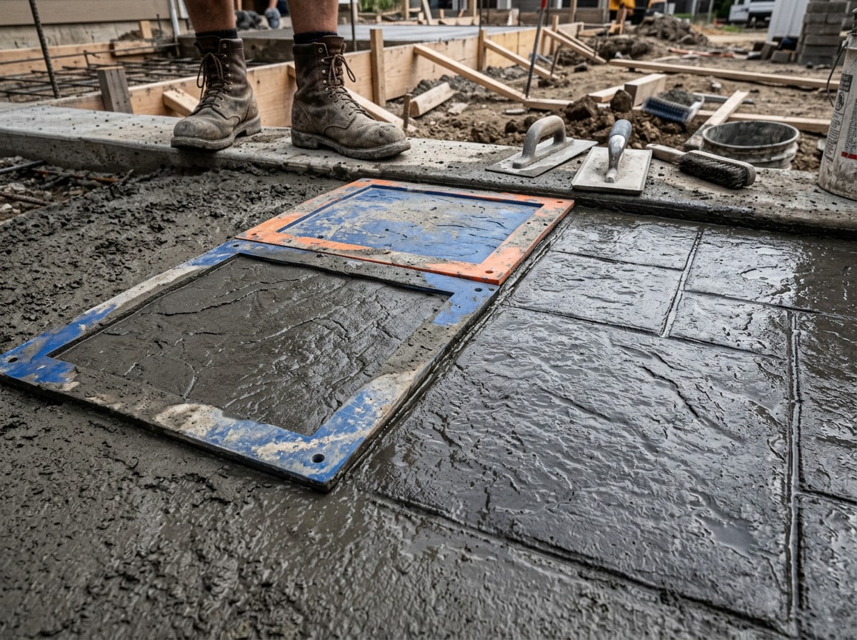 Freshly stamped concrete patio mid-installation showing modern stamped concrete patterns being pressed into wet concrete