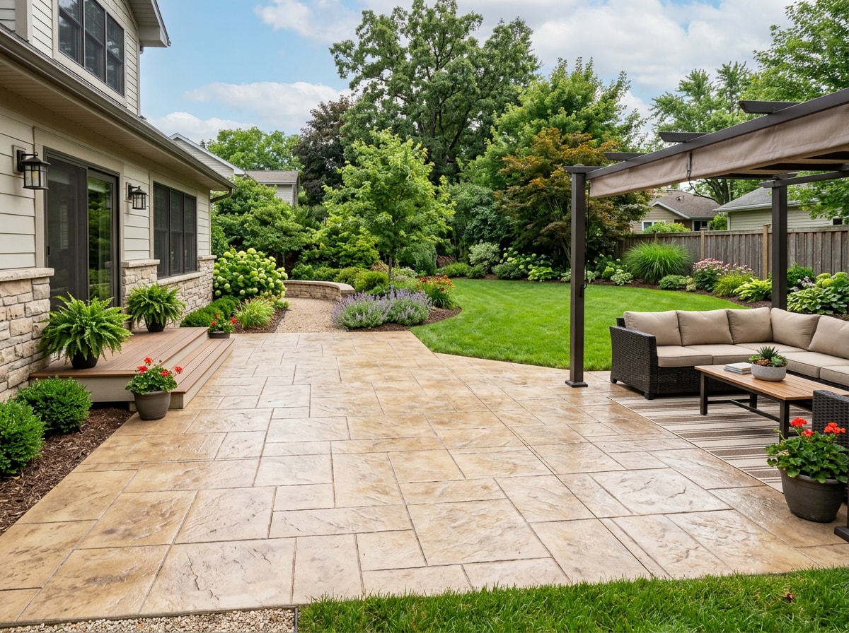 Modern ashlar slate stamped concrete patio pattern installed in a residential backyard