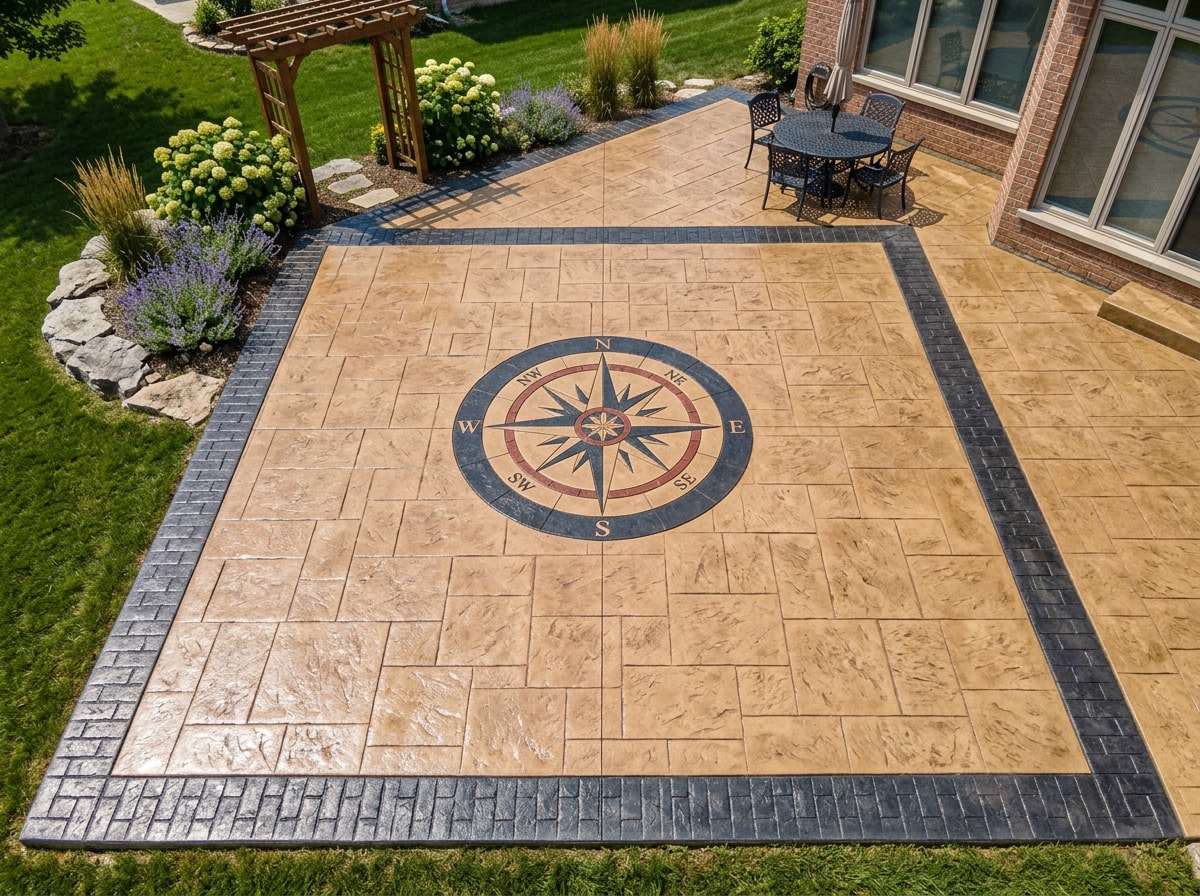 Custom stamped concrete patio featuring a decorative border and medallion pattern design