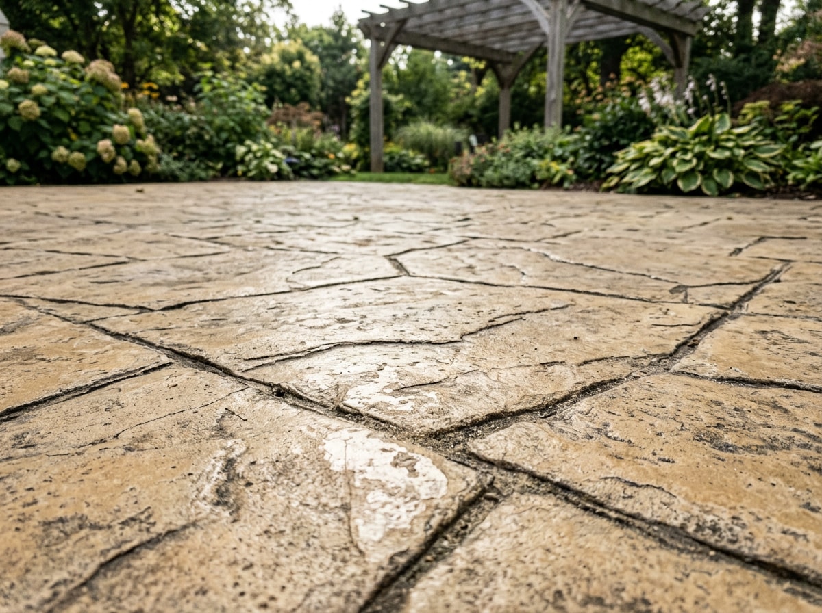 Weathered stamped concrete patio pattern showing how color and texture hold up over a decade of use