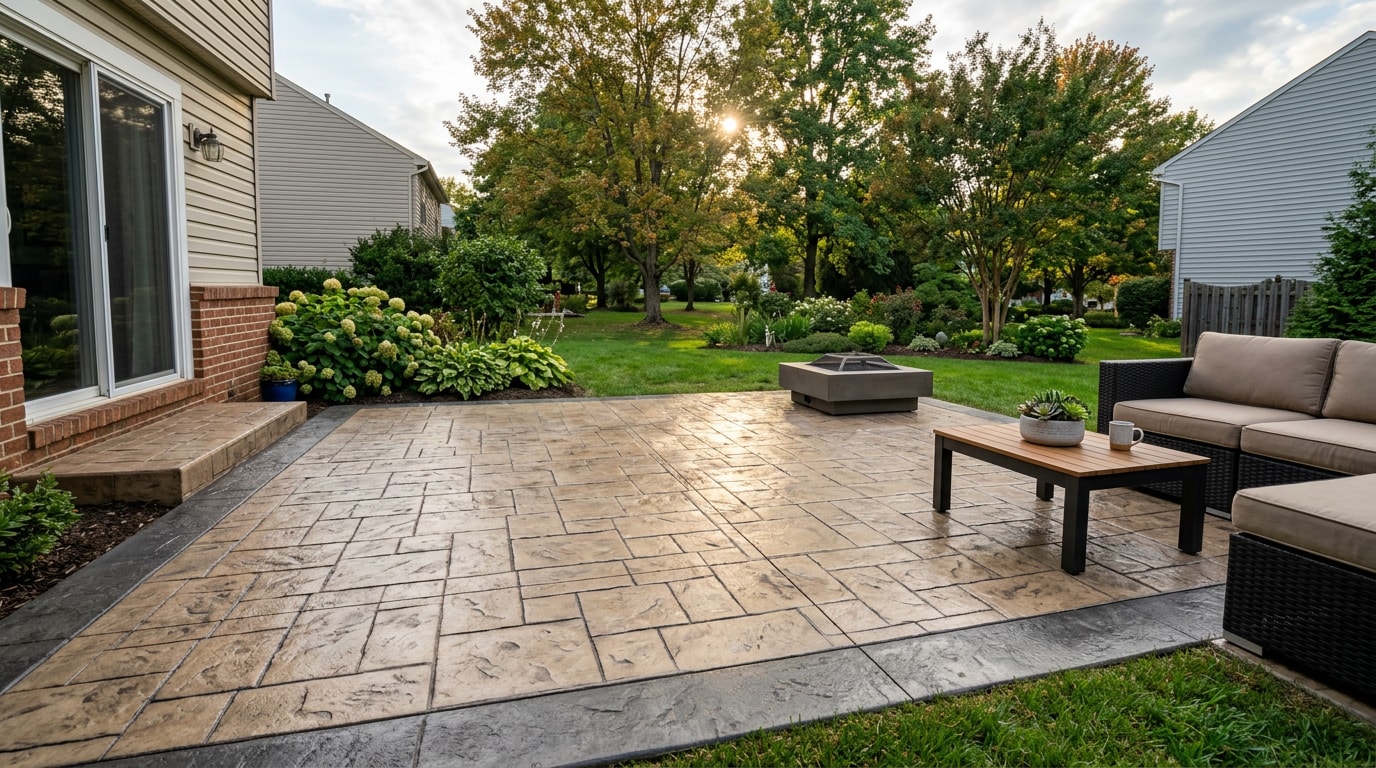 Modern stamped concrete patio with ashlar slate pattern in a Middle River, MD backyard