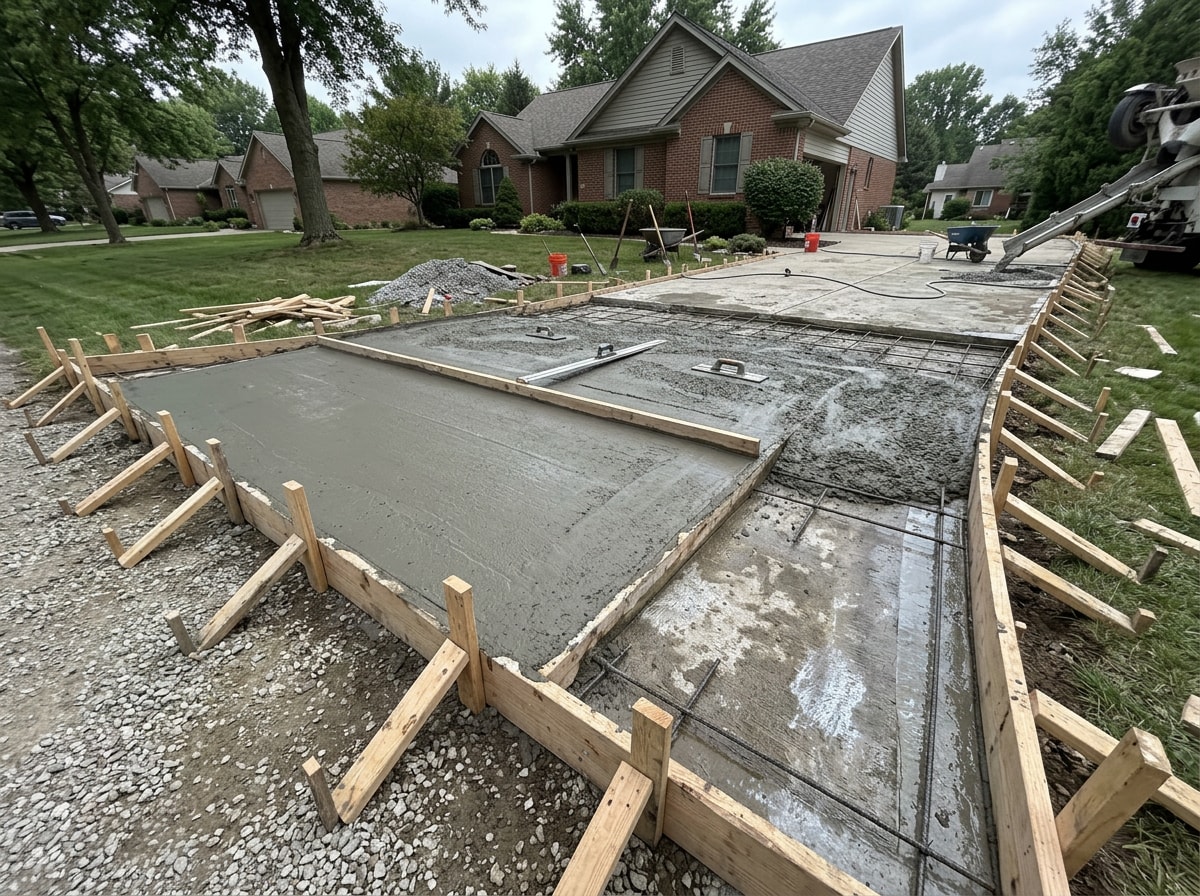 Contractor pouring and leveling a fresh concrete overlay on top of an older driveway slab