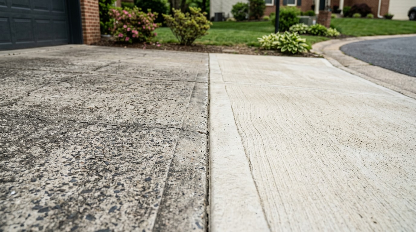 Close-up of old concrete driveway next to a freshly poured concrete overlay section Close-up of old concrete driveway next to a freshly poured concrete overlay section