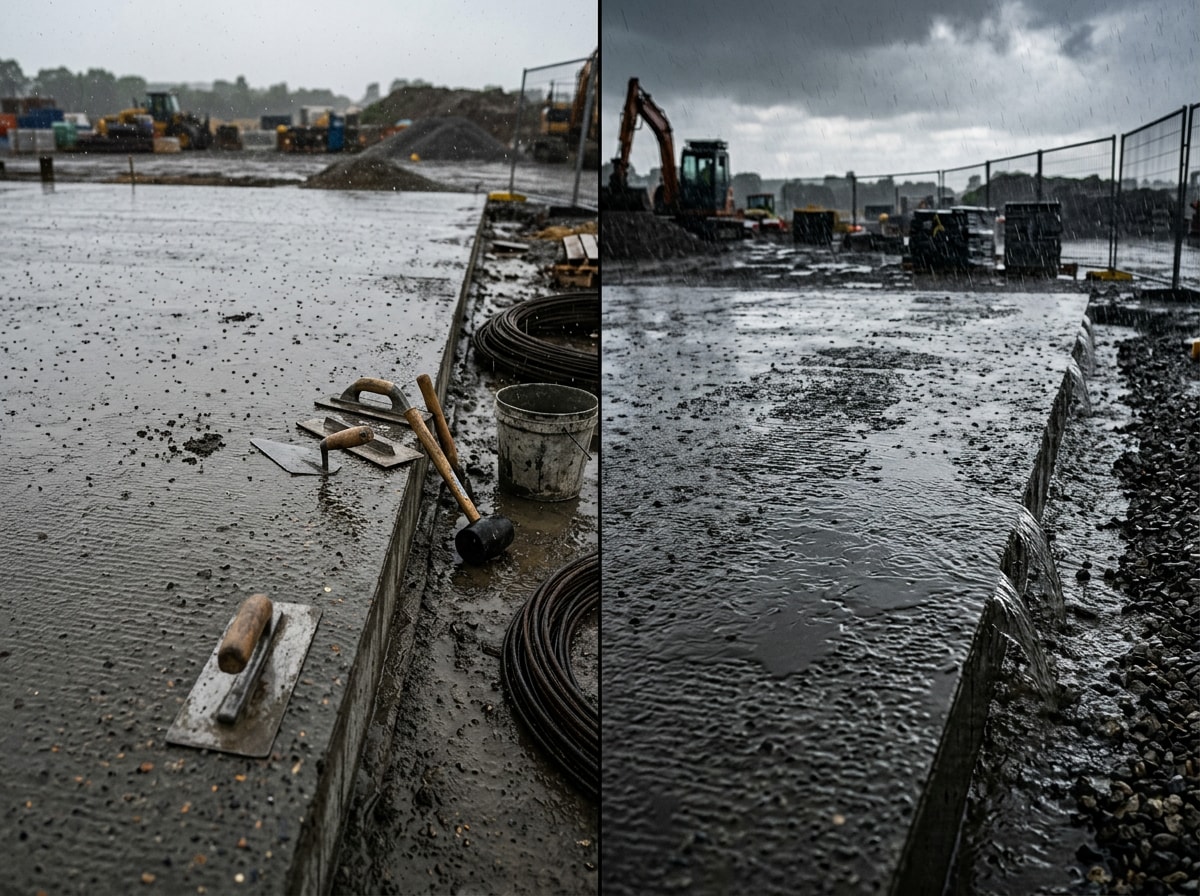 Side-by-side comparison of a light rain concrete pour versus a heavy rain concrete pour