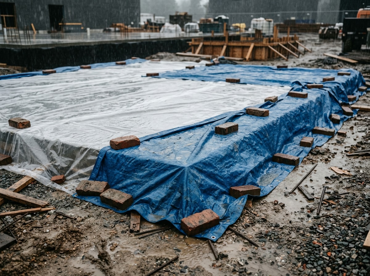 Fresh concrete slab covered with tarps and plastic sheeting during a rain delay