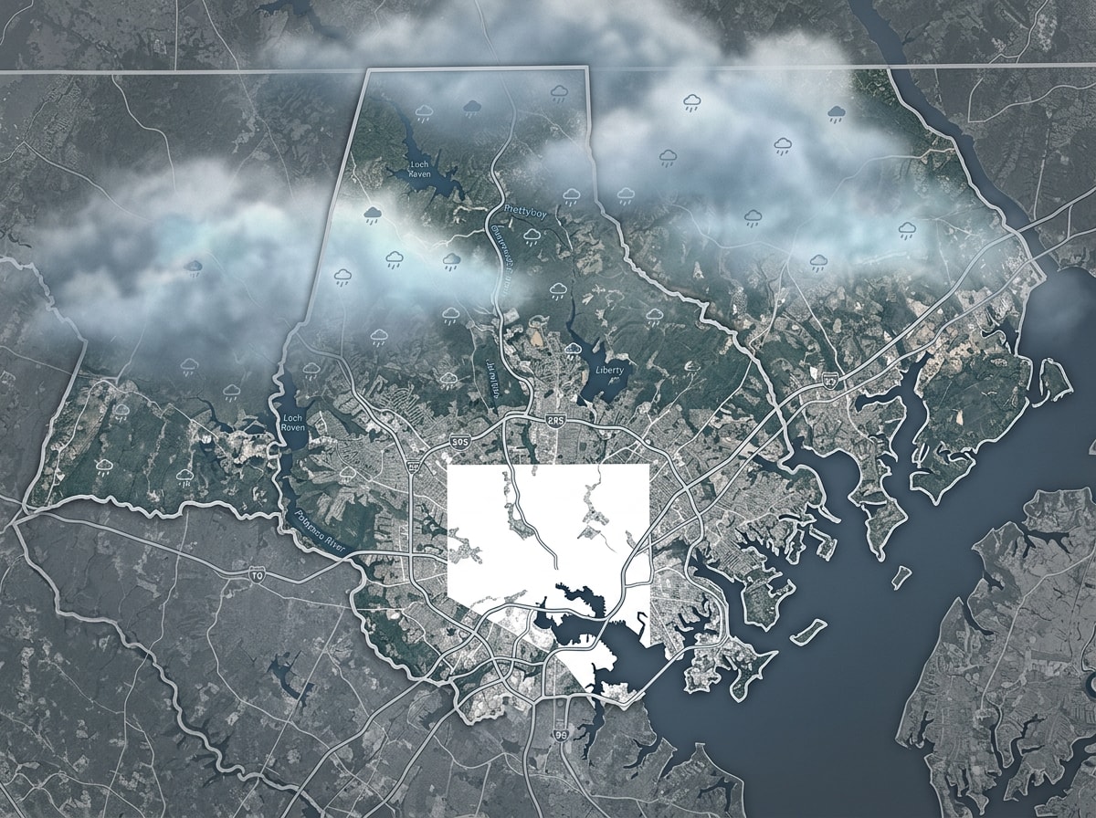Map of Baltimore County showing local rainfall patterns relevant to concrete pour timing