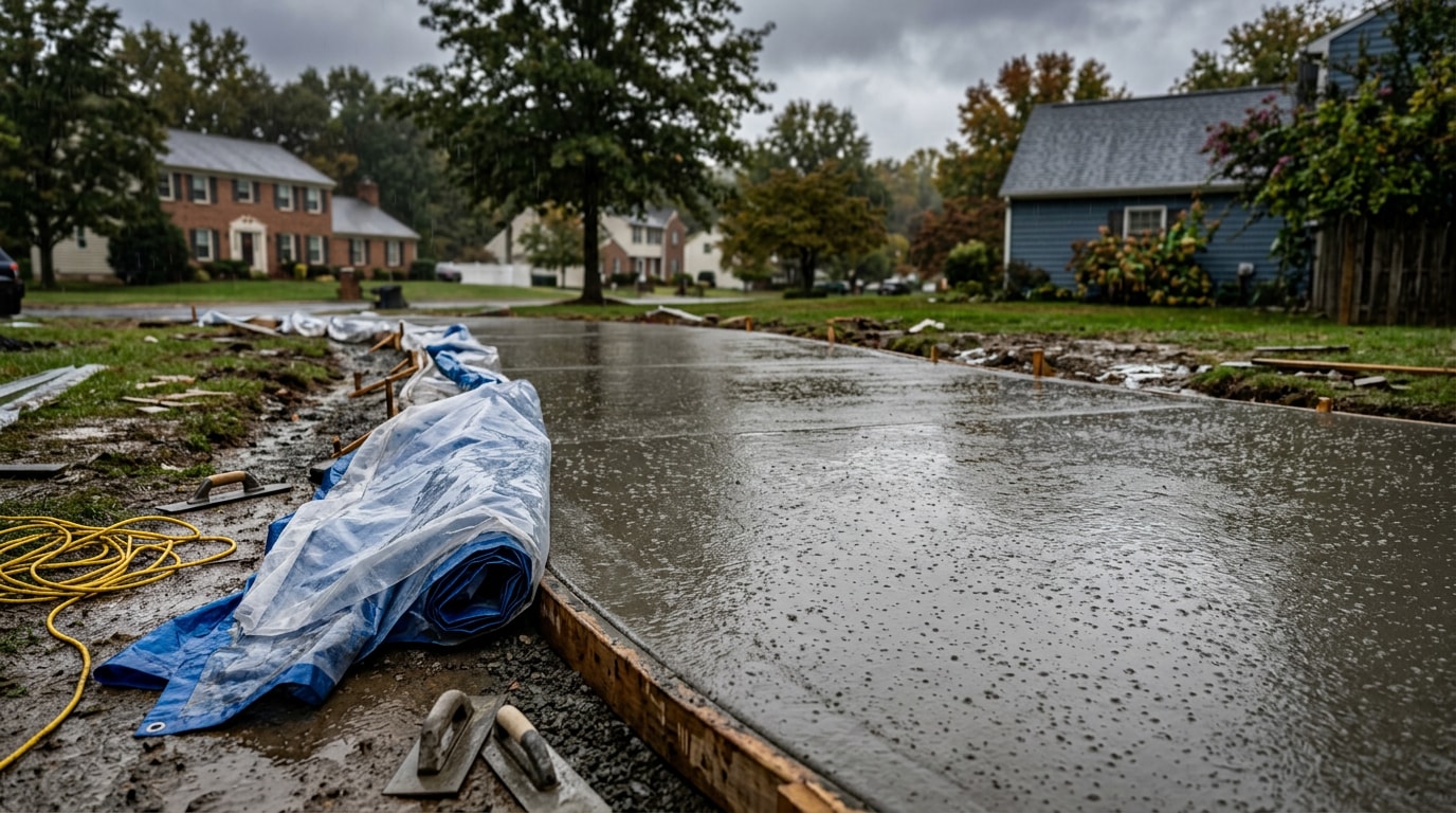 Freshly poured concrete driveway slab under a rainy overcast sky with plastic sheeting staged nearby