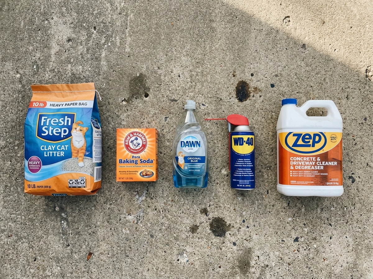 Comparison chart of oil stain removal methods, costs, and difficulty for Baltimore City concrete driveways